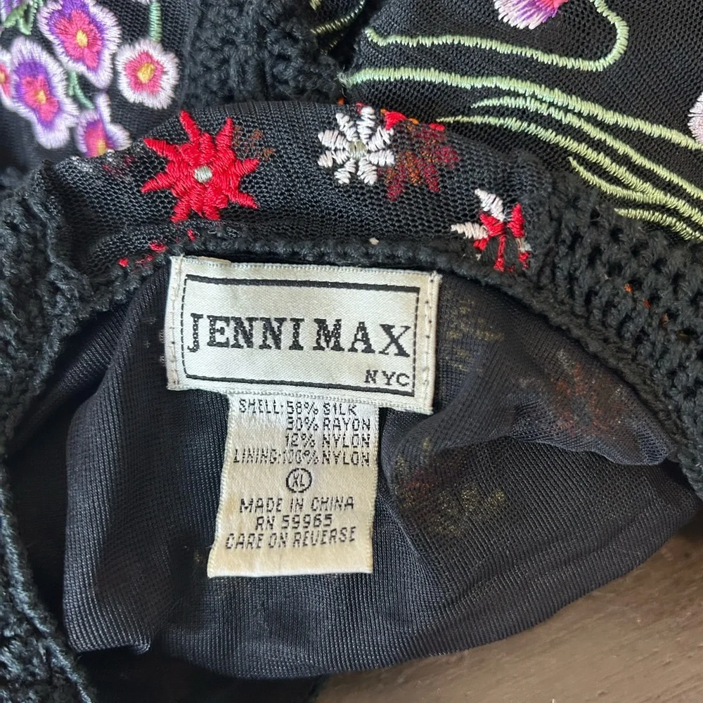 Jenni Max Y2K Black Colorful Crochet Embroider Sequin Silk Blend Boho Blouse XL - Picture 8 of 9